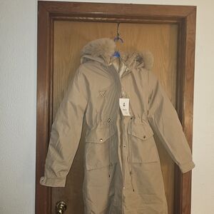 Beige Women's Long Parka Coat with Faux Fur Hood